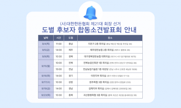 [안내] 제21대 회장 선거 도별 후보자 합동소견발표회 일정 안내