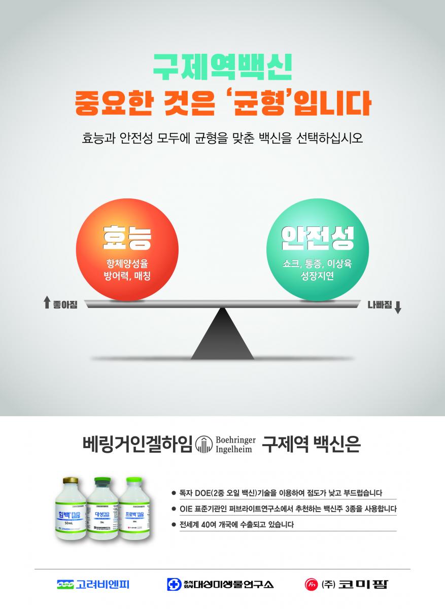 구제역백신 중요한 것은 균형입니다. 효능과 안전성 모두에 균형을 맞춘 백신을 선택하십시오 효능 항체양성율 방어력 매칭 좋아짐 안전성 쇼크, 토증, 이상육, 성장지연 나빠짐 베링거인겔하임 구제역 백신은 독자DOE 기술을 이용하여 점도가 낮고 부드럽습니다, OIE 표준기관인 피브라이트연구소에서 추천하는 백신주 3종을 사용합니다. 전세계 40여 개국에 수출되고 있습니다.