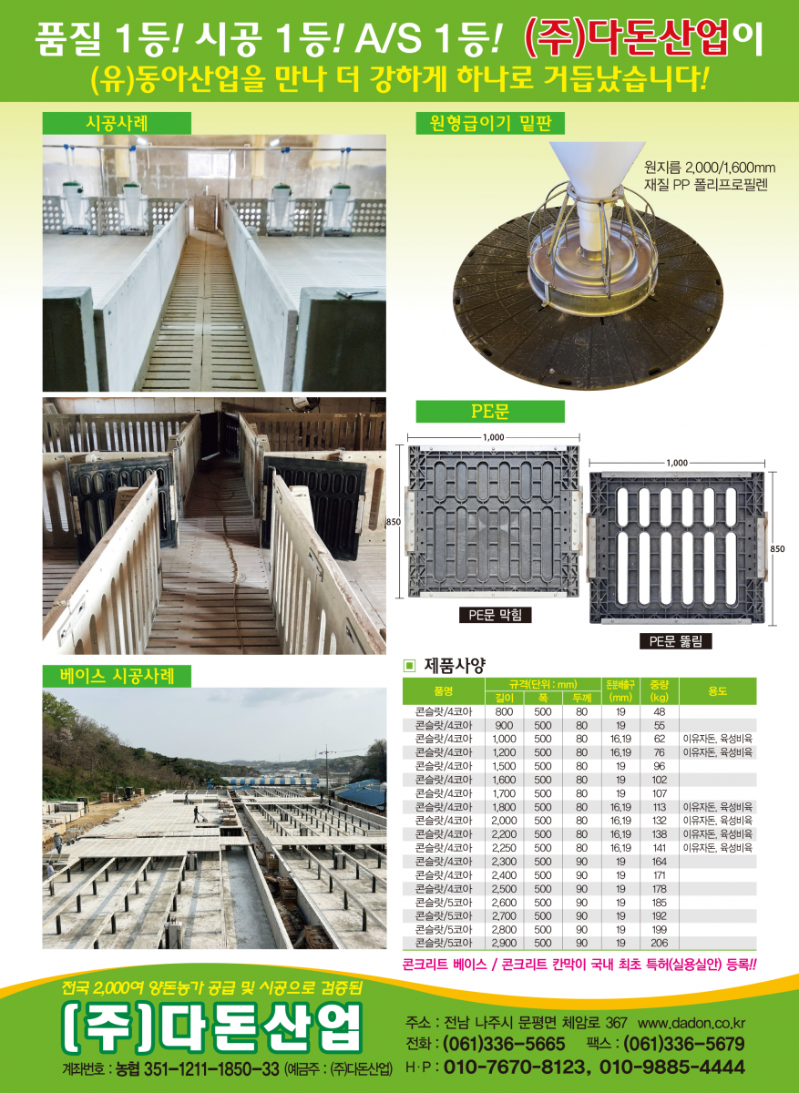 품질 1등! 시공 1등! A/S 1등! (주)다돈산업, 오랜 경험과 현장 노하우를 바탕으로 안정된 가격 철저한 품질관리를 자랑합니다! 합성수지 플라스틱 완전 코팅으로 오물이 침투되지 않아 부식 될 염려가 전혀 없으며 내구성 100년을 보장합니다. (200㎜주름관 기둥 위에 코팅 베이스 설치 작업 이미지), 전국 2,000여 양돈농가 공급 및 시공으로 검증된 (주)다돈산업, 계좌번호 : 농협 351-0035-6258-82(예금주:(주)다돈산업), 주소 : 전남 나주시 문평면 체암로 367, 전화 : 061-336-5665~6, 팩스 : 061-336-5679, 핸드폰 : 010-9885-4444(010-641-5679), www.dadon.co.kr